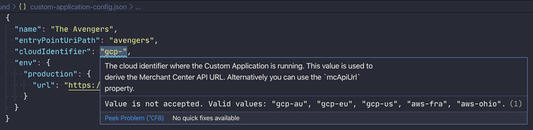 Example validation of the JSON schema in the editor